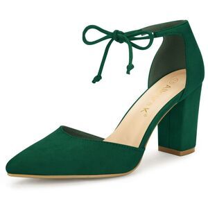 Ankle Tie Chunky Heel Green Pointed Toe Dress Pumps